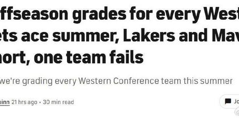 火箭队获A+！美媒公布西部休赛期评分：快船B湖人C-仅勇士队待定